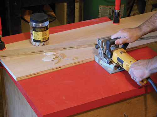 Cutting biscuit in shelf for installing shelf front