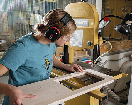 Cutting out arc shapes with band saw for clock frame