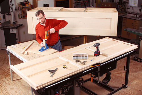Installing pocket screws on miter saw cabinet face frame