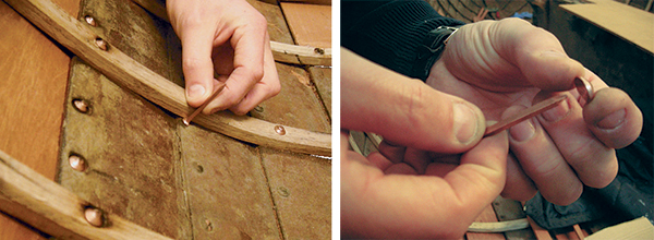 Square-shanked nails fit through conical washers to form a rove fastener.