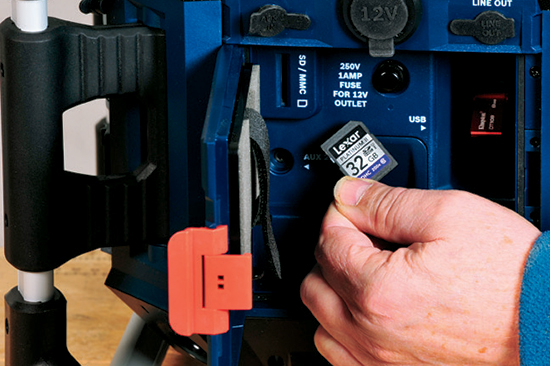 The Bosch radio/charger offers a novel (and clever) means of playing music directly from small SD memory cards (the kind used in most point-and- shoot digital cameras) or USB flash drives.