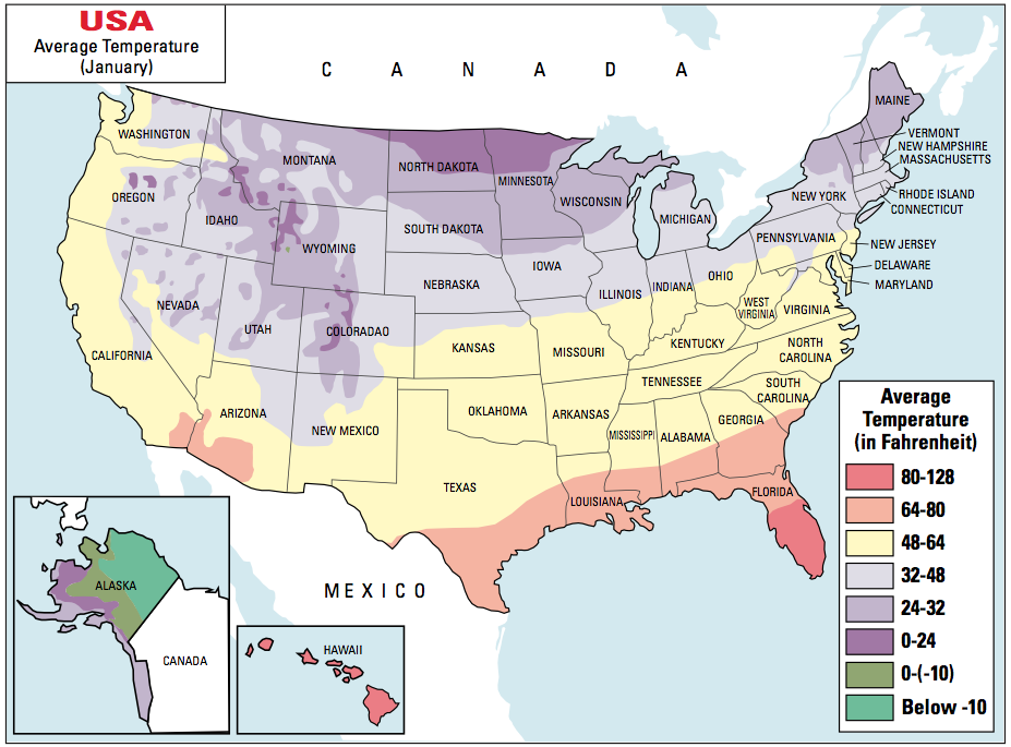 This map shows average low January temperatures in the U.S.