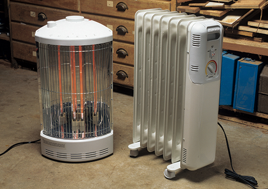 Although both of these portable space heaters run on electricity, the radiant model (left) heats objects directly with infrared rays. The oil-filled model (right) heats the air via convection.