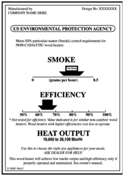 An EPA tag, such as this one from a wood stove, shows a heater’s BTU output and efficiency, as well as smoke output.