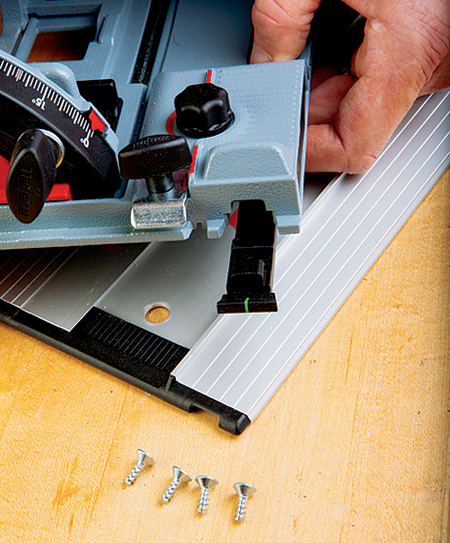 Mafell’s base can be retrofitted for Festool tracks by removing this filler piece.