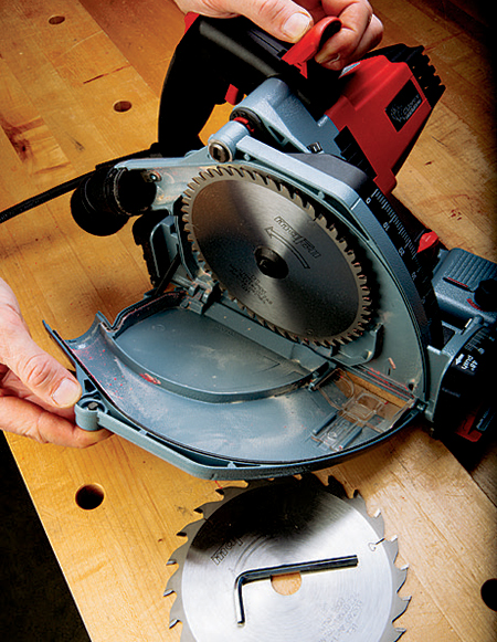 Blade changes on the MT 55 cc are simple: flip open the hinged guard and loosen the arbor bolt.