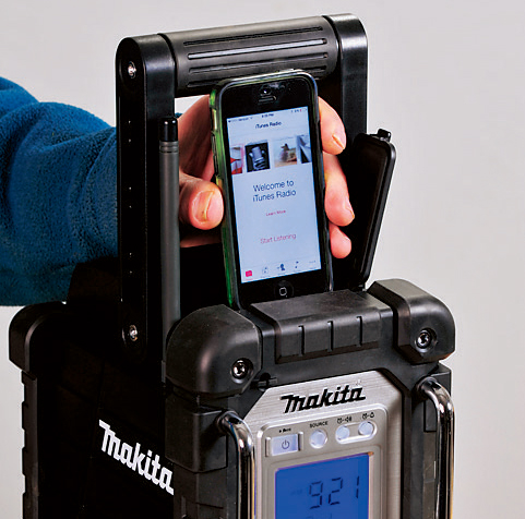 A top-mounted dock on the Makita allows you to plug in and play or charge an iPod or iPhone directly, and to control basic play functions via buttons on the front of the radio.