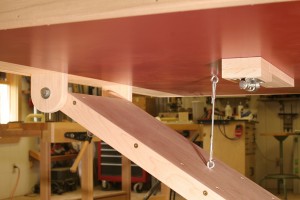 outfeed-table2 Douglas Green's addition of screw eyes and a wire cable between the table and leg makes the project much easier to set up.