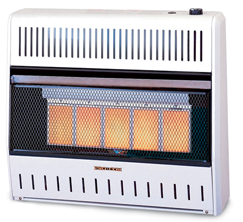 A radiant wall heater’s yellow-orange glowing elements produce heat that warms objects directly with infrared rays.