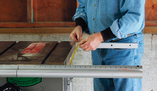 Measure the distance between your saw’s fence rails first before cutting any of the project parts to size. The table frame must fit snugly.